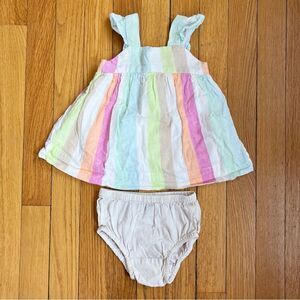 Baby Gap Rainbow Colorful Striped Linen Blend Ruffle Dress & Bloomers 3-6m